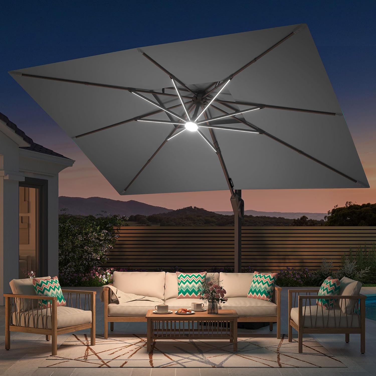 Deconk 10' X 13' Patio Umbrella with LED Lights Outdoor Cantilever Large Rectangle Offset Umbrellas Heavy Duty Aluminum Double Top with 360-degree Rotation for Pool Garden Deck, Grey
