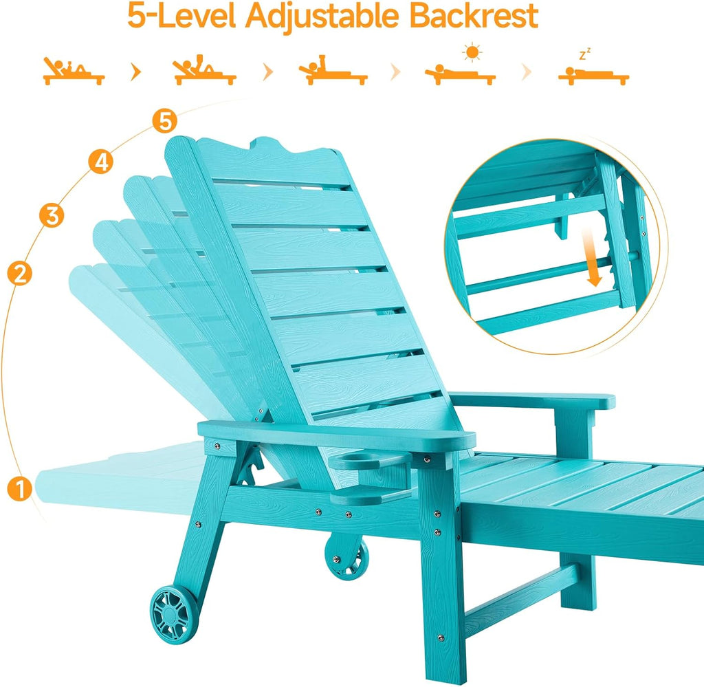 ONBRILL Patio Chaise Lounge Set of 2, Outdoor Lounge Chairs with 5-Level Adjustable Backrest, CupHolder, No Fade, No Break, 350lbs Capacity, HDPS Material, Blue