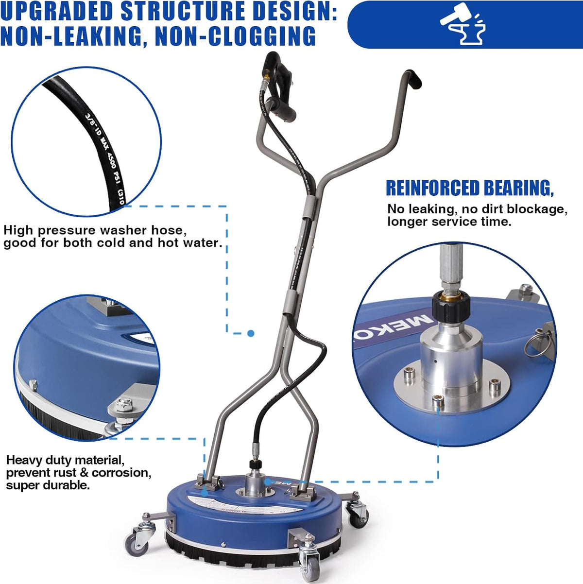 MEKOH Pressure Washer Surface Cleaner 20'', 4500PSI Power Washer Surface Cleaner Attachment with Wheels, Pressure Washer Accessory for Driveway Sidewalk Curb Deck Patio Cleaning, 3/8'' Quick-Connect