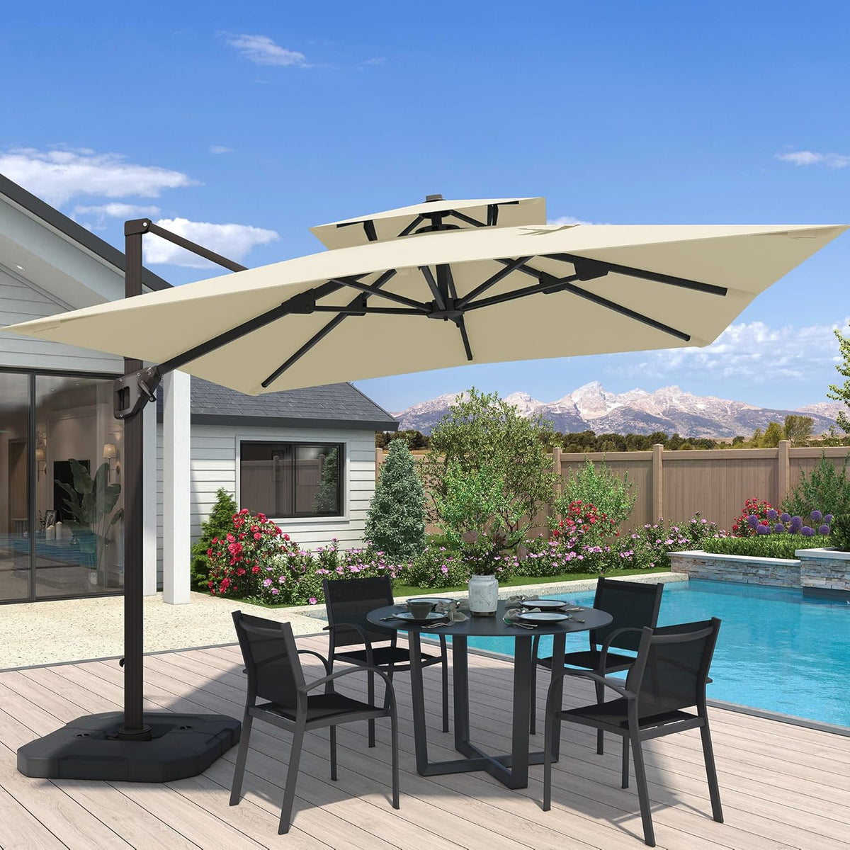 10x10 FT Cantilever Patio Umbrella Double Top Outdoor Square Large Heavy Duty Aluminum Offset Umbrellas with 7 Level Tilt 360-degree Rotation for Pool Garden Deck, Beige