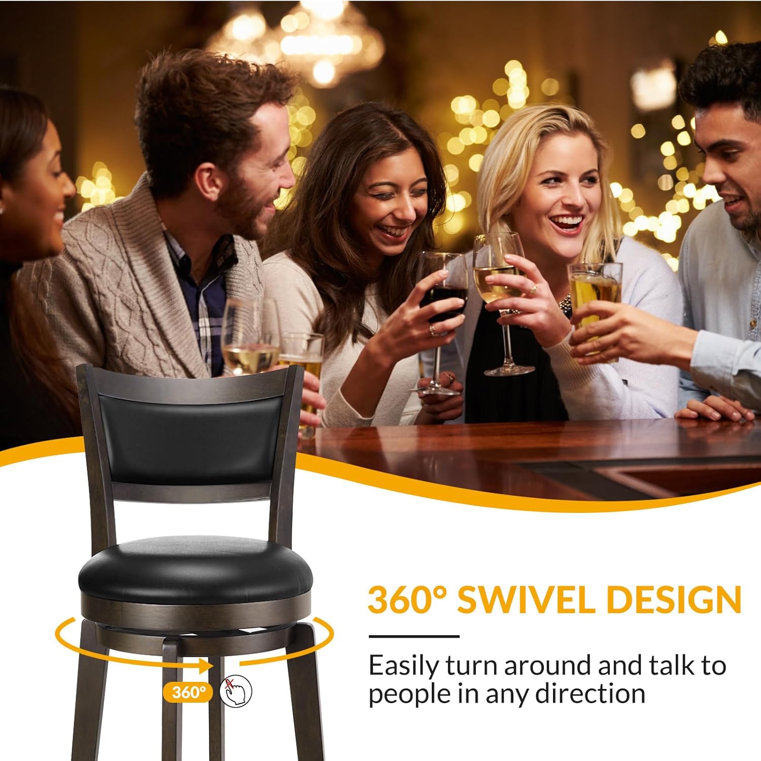 PrimeZone Swivel Bar Stools Set of 2, 32 Inch Tall Bar Height Barstools, Black Faux Leather Bar Stool with High Backrest & Solid Wood Legs & Wrap-Around Footrest, Counter Stools for Pub