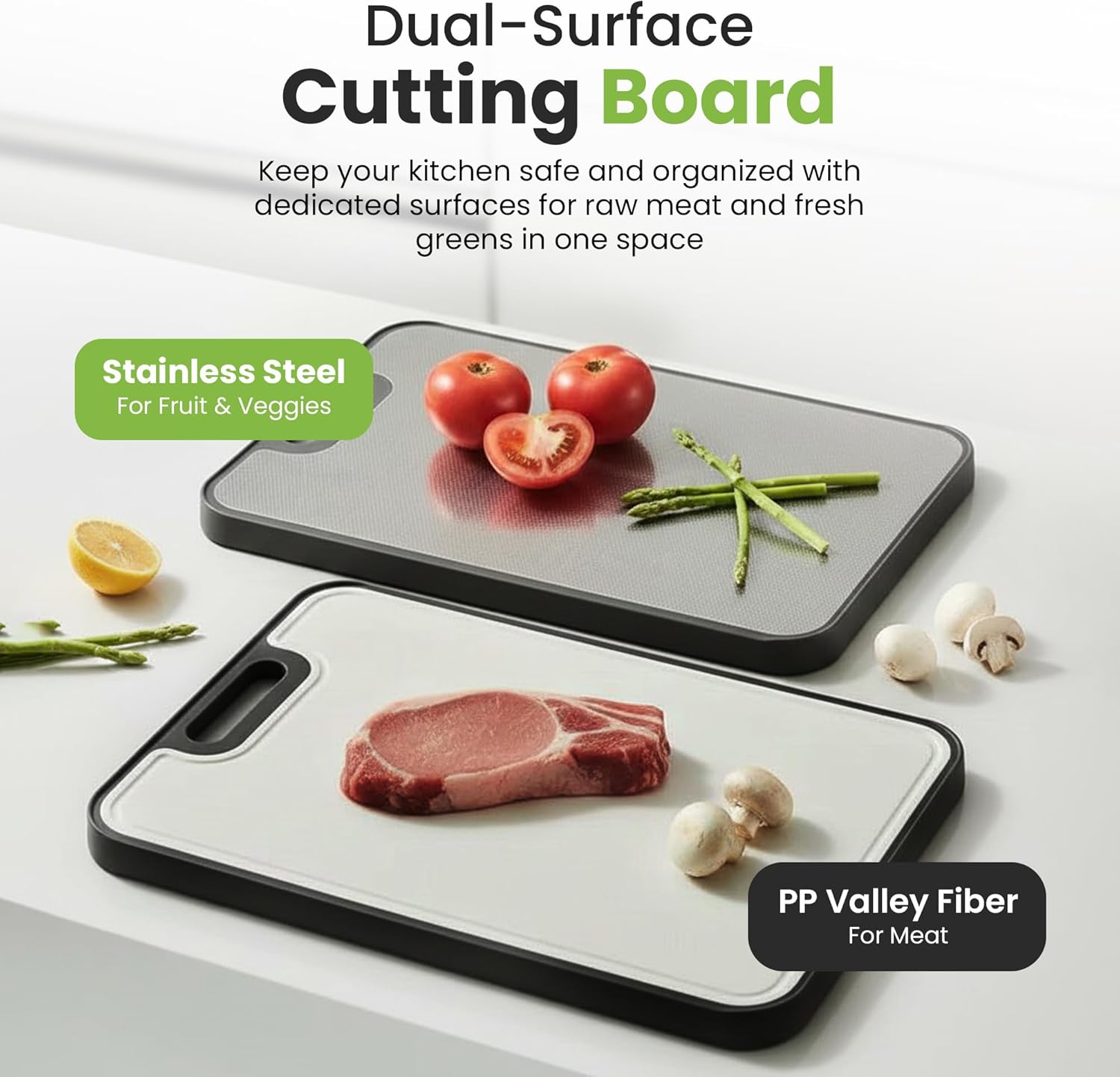 Double Sided Cutting Board – Stainless Steel & Wheat Fiber Reversible Chopping Board, Non-Porous Metal Side & Lightweight Prep Board for Meat, Vegetables & Daily Kitchen Use