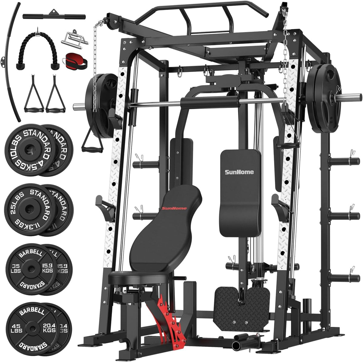SunHome Smith Machine, Power Cage Squat Rack with Smith Bar, LAT Pull-Down Systems, Cable Crossover Machine and Cable Attachment for Home Gym