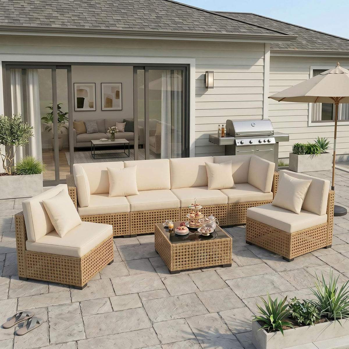 KIGOTY 7-Piece Patio Furniture Set, All-Weather PE Rattan Outdoor Sectional Sofa, Modular Wicker Conversation Set with Thick Cushions & Easy-Clean Coffee Table（Yellow/White）