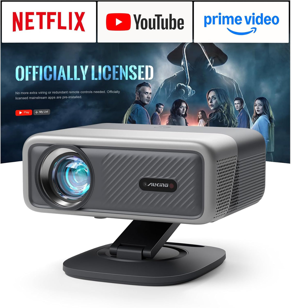 Now with Netflix & 3000 ANSI 4K Projector with WiFi and Bluetooth,TOF Real-Time Auto Focus Smart Projector, AuKing Outdoor Movie Home Theater Proyector with Omni-Adjustable Stand(grey)