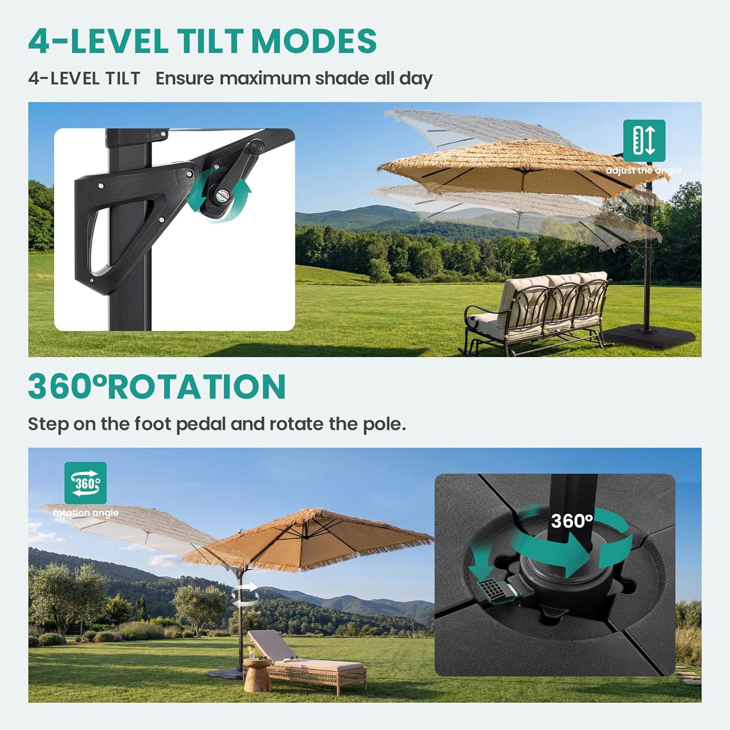 SUNBURY 10x10FT Cantilever Tiki Umbrella,Extra Wide Hawaiian Patio Shade with UPF50+,Perfect for Tiki Bar,Patio Garden Beach Pool Backyard