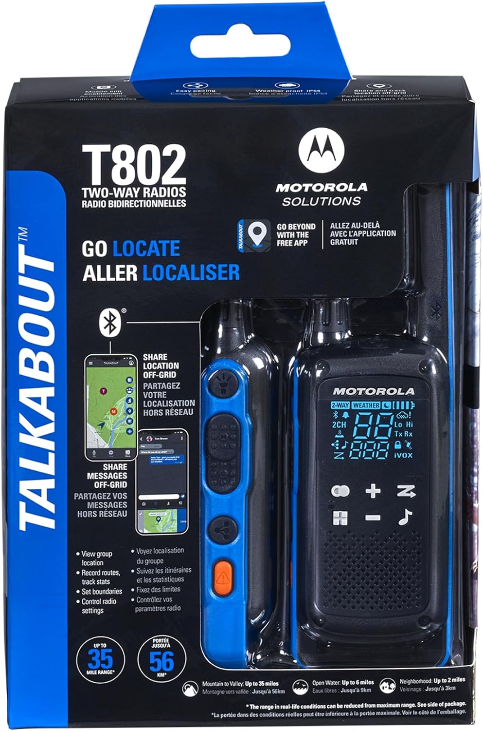 Motorola Solutions, Portable FRS, T802, Talkabout, Two-Way Radios Waterproof IP54 Walkie Talkie Emergency Preparedness, Rechargable, 22 Channel, 35 Mile, Black W/Blue, 2 Pack