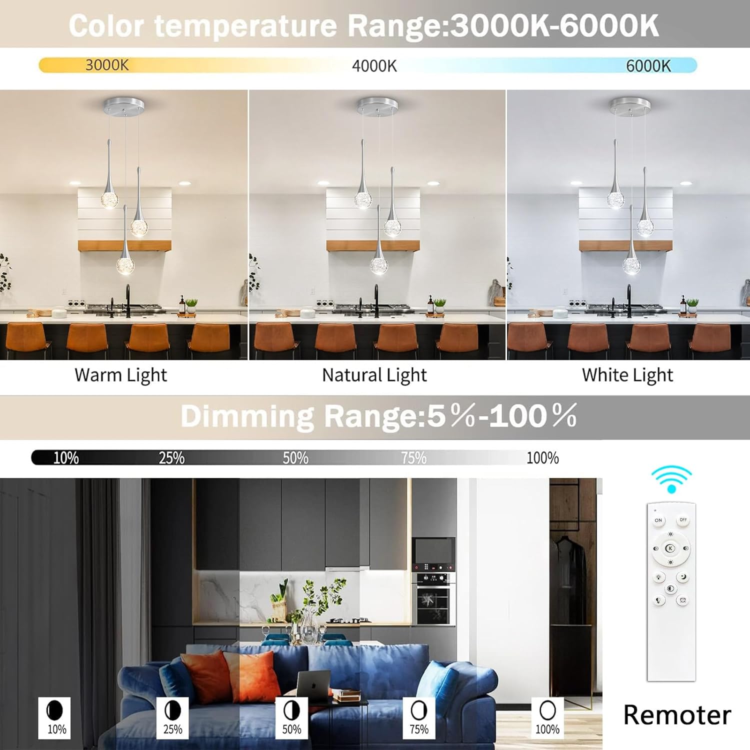 3-Lights Modern Pendant Lights for Kitchen Island LED Dimmable Crystal Glam Ceiling Pendant Lighting Chandelier for Dining Room Hallway Bedroom Corner Lamp Brushed Nickel