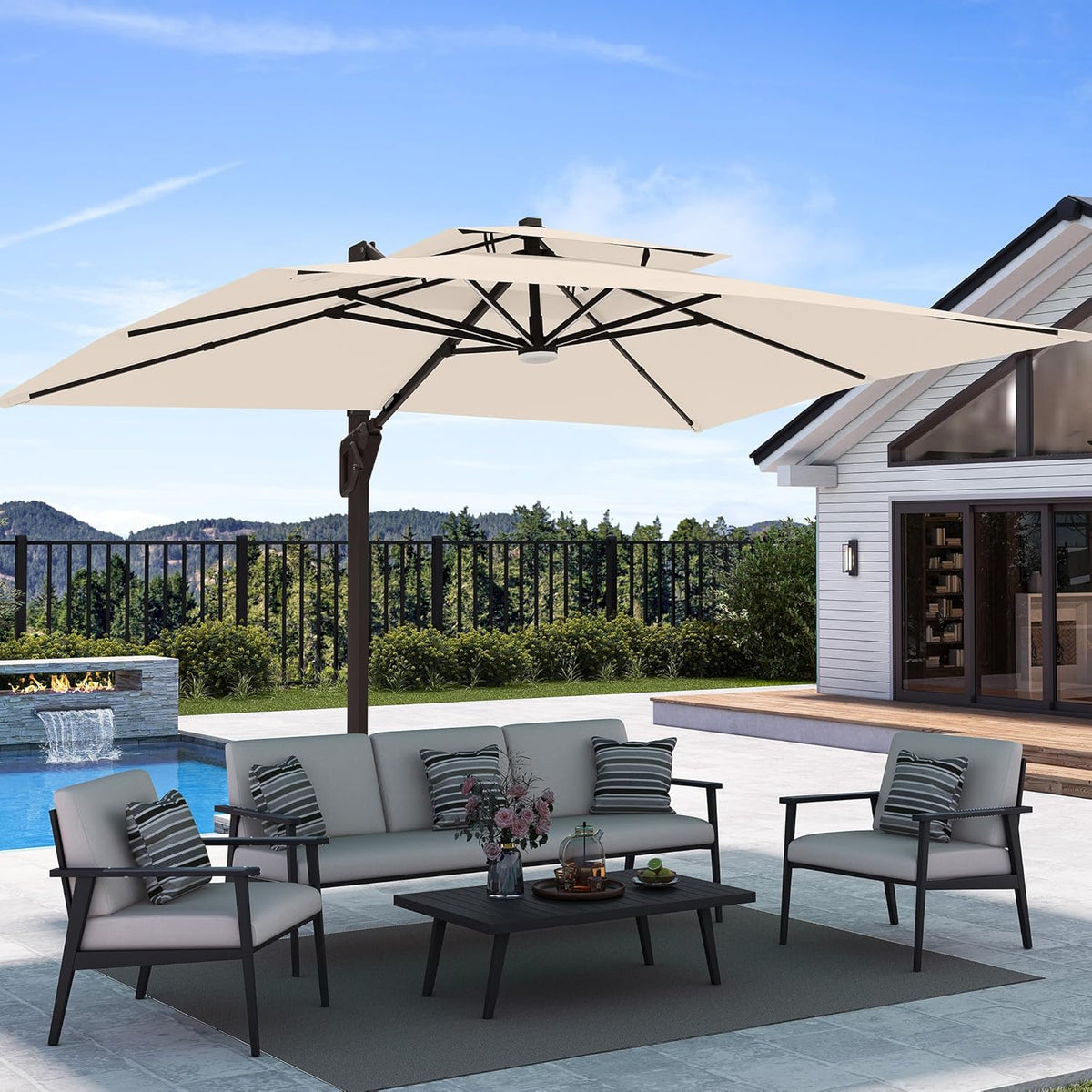 Deconk 9' X 12' Patio Umbrella with LED Lights Outdoor Cantilever Large Rectangle Offset Umbrellas Heavy Duty Aluminum Double Top with 360-degree Rotation for Pool Garden Deck, Beige