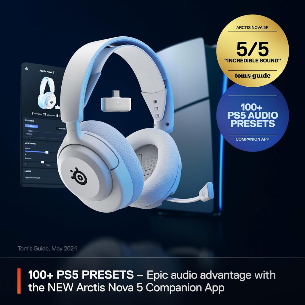 SteelSeries Arctis Nova 5P Wireless Multi-System Gaming Headset — White — Neodymium Magnetic Drivers — 100+ Audio Presets — 60 HR Battery — 2.4GHz or BT — Gen2.X Mic — PS5, PS4, PC, Switch, Mobile