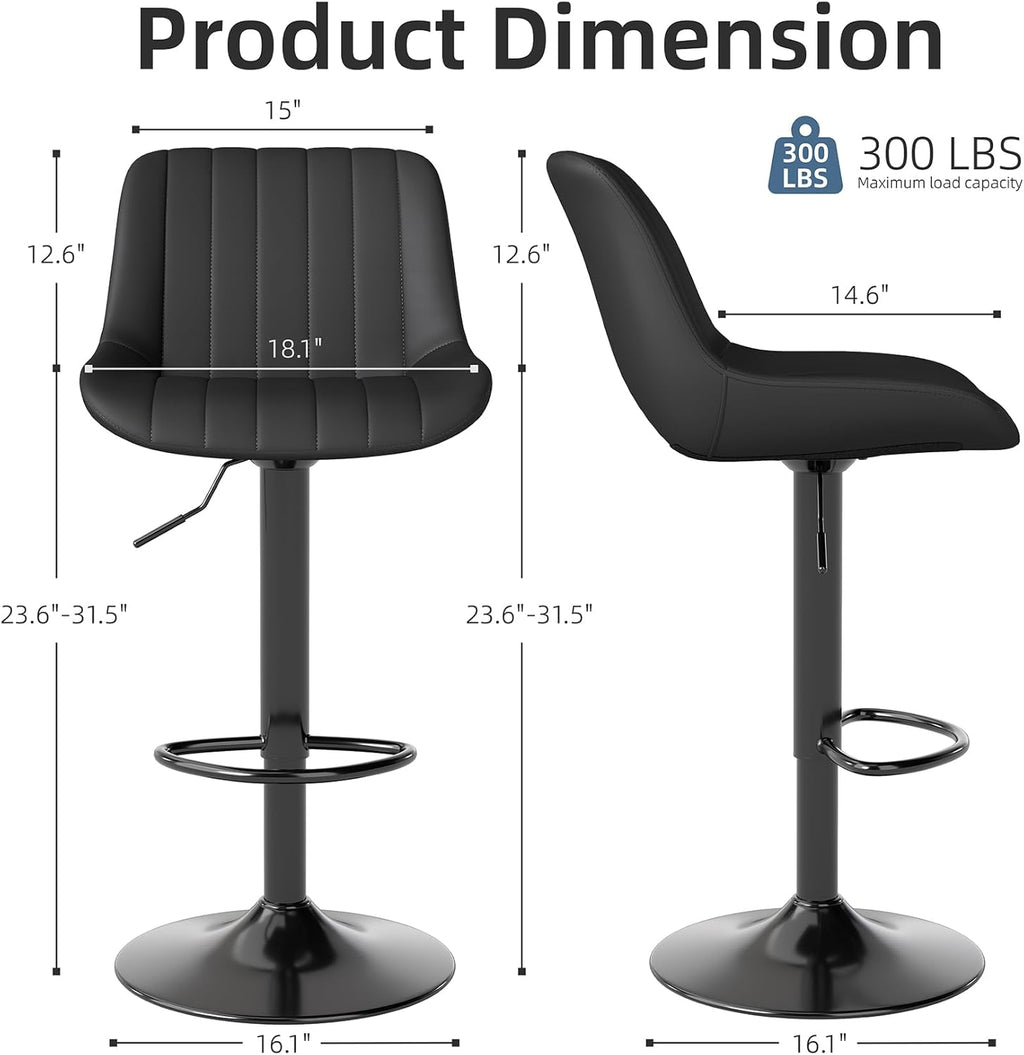 Youhauchair Bar Stools Set of 3, Swivel Counter Height Barstools with Back, Adjustable PU Leather Bar Chairs, Modern Armless Kitchen Island Stool, Black