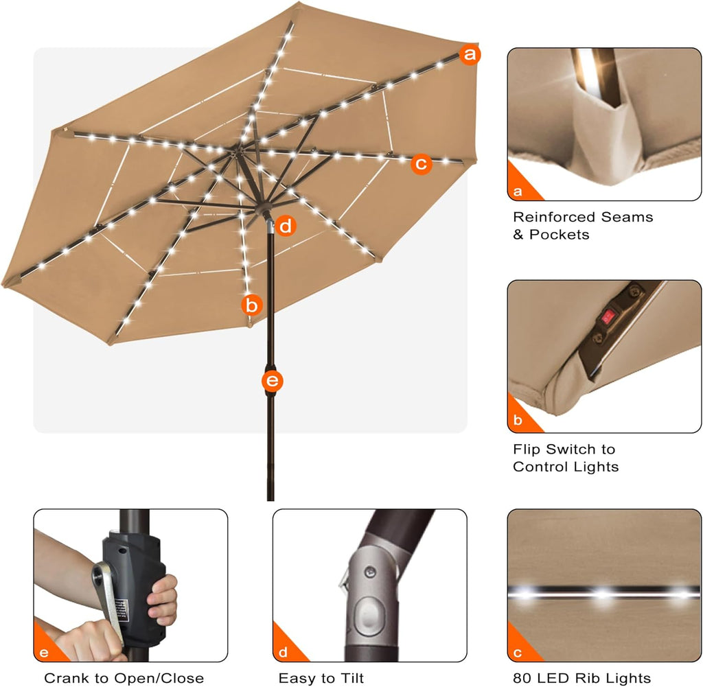 EliteShade USA 10-Year-Non-Fading 10ft 3-Tier Market Patio Umbrella, Commercial Table Umbrella with 80 Solar LED Lights, Crank Open, Windproof & UPF 50+ UV Protection for Garden, Deck, Pool, Backyard, Heather Beige
