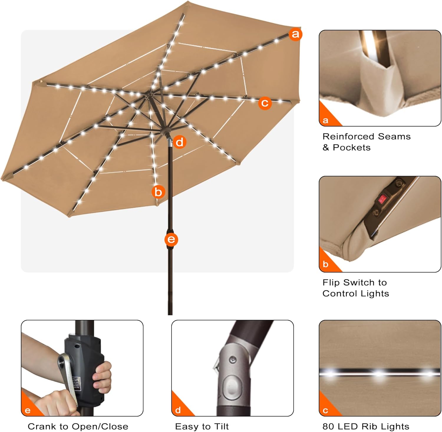 EliteShade USA 10-Year-Non-Fading 10ft 3-Tier Market Patio Umbrella, Commercial Table Umbrella with 80 Solar LED Lights, Crank Open, Windproof & UPF 50+ UV Protection for Garden, Deck, Pool, Backyard, Heather Beige