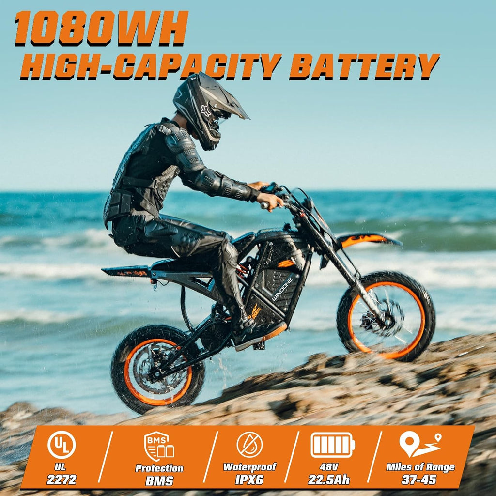 Windone RM7 Electric Dirt Bike for Teens & Adults, 48V 22.5Ah, 37MPH & 45-Mile Electric Motorcycle, 2200W Ebike, 14"/12" Off-Road Tire E-Bike, Dual Hydraulic Brakes, Full Suspension, Fit Age 13+