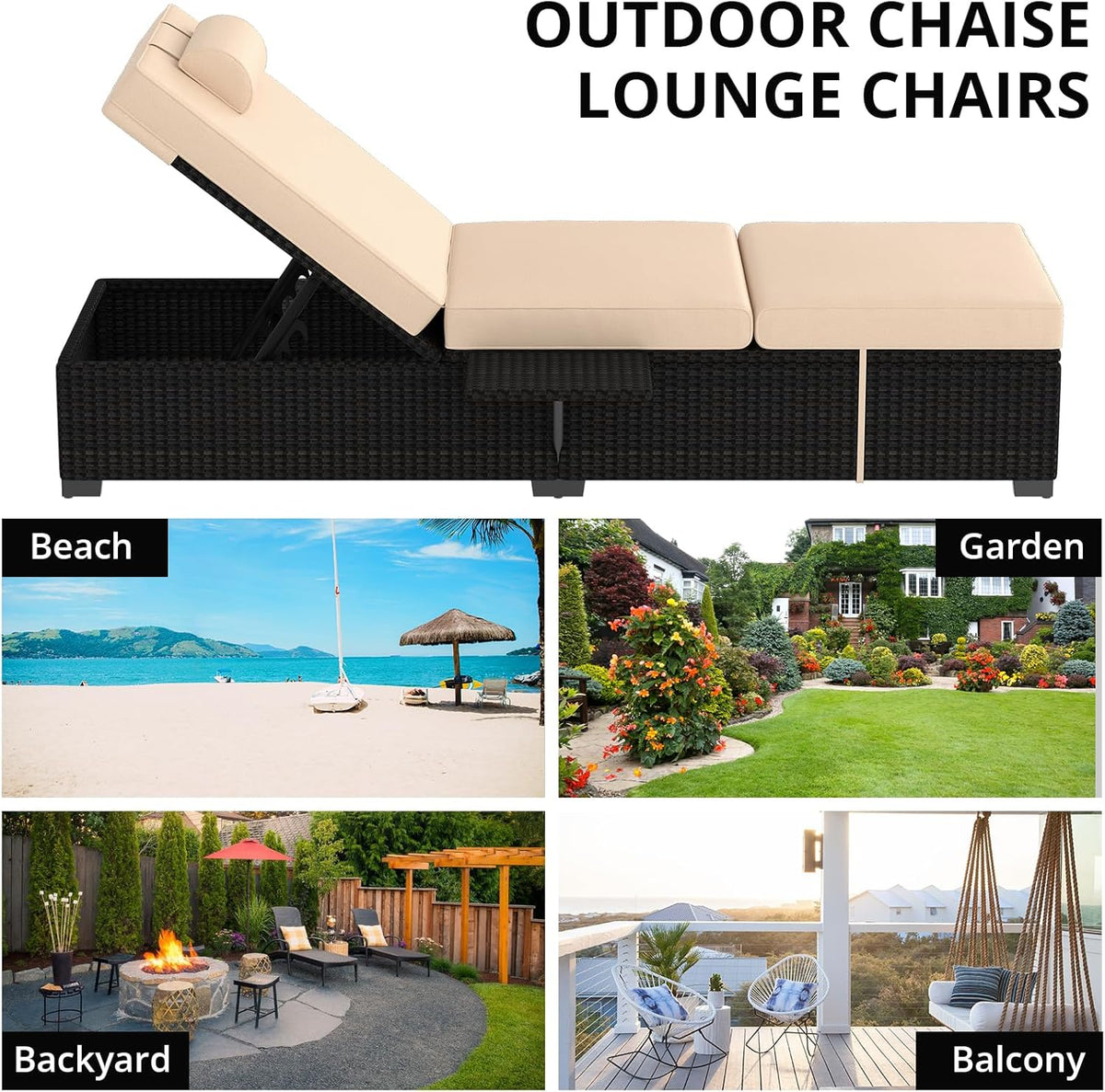 PeakPursuit Patio Lounge Chairs,Outdoor PE Wicker Chaise Lounge Set of 2,Chaise Lounge Chair Outdoor .Pool Furniture,Brown Rattan Recliners with Adjustable Backrest,Storage Table,Beige