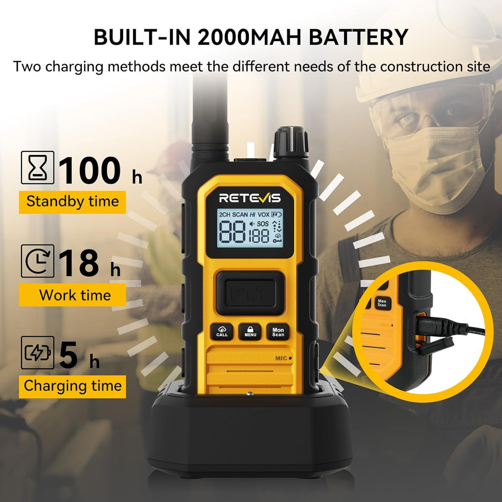 Retevis RB48 Plus Heavy Duty Walkie Talkies with Earpiece, IP67 Waterproof Two Way Radios, Long Range 2 Way Radio, Group Call, VOX, SOS, NOAA (4 Pack)