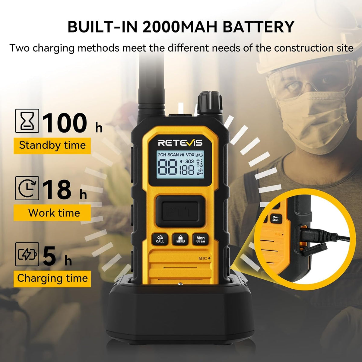 Retevis RB48 Plus Heavy Duty Walkie Talkies with Earpiece, IP67 Waterproof Two Way Radios, Long Range 2 Way Radio, Group Call, VOX, SOS, NOAA (4 Pack)