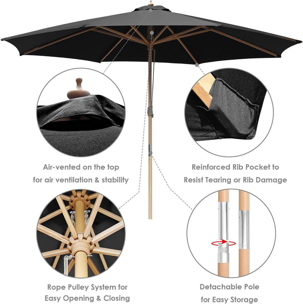 Yescom 13ft Coastal Solid Beech Wood Umbrella Pulley Lift Commercial Base with Wheel Included for Beach Club Seaside Restaurant Terrace Resort Poolside