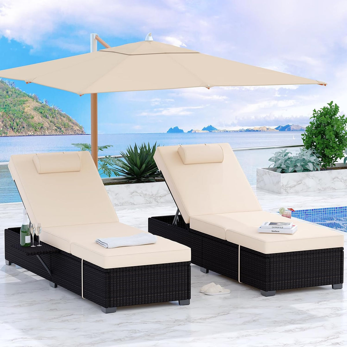 PeakPursuit Patio Lounge Chairs,Outdoor PE Wicker Chaise Lounge Set of 2,Chaise Lounge Chair Outdoor .Pool Furniture,Brown Rattan Recliners with Adjustable Backrest,Storage Table,Beige