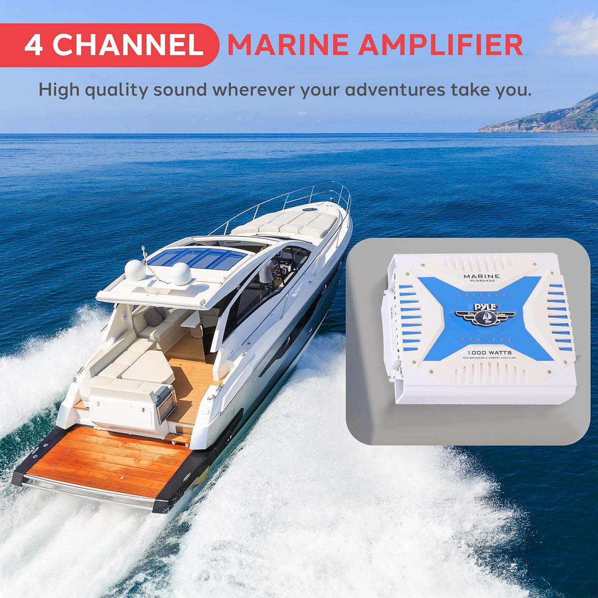 Pyle Hydra Marine Amplifier - Upgraded Elite Series 1000 Watt 4 Channel Bridgeable Amp Tri-Mode Configurable, Waterproof, MOSFET Power Supply, GAIN Level Controls and RCA Stereo Input - PLMRA420