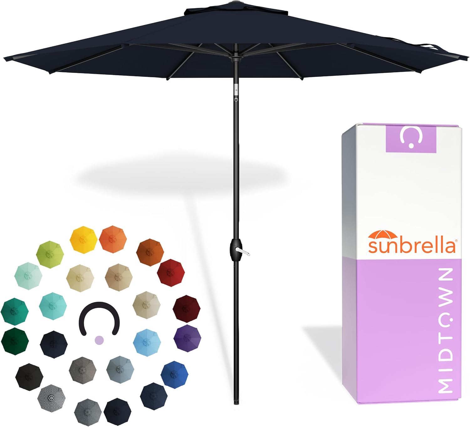Midtown Umbrellas - The Lean 9 Ft Patio Umbrella with Fade-Resistant Sunbrella Fabric, Auto-Tilt Aluminum Frame and 8 Reinforced Ribs for Deck, Pool & Garden - Canvas Navy Canopy, Black Pole