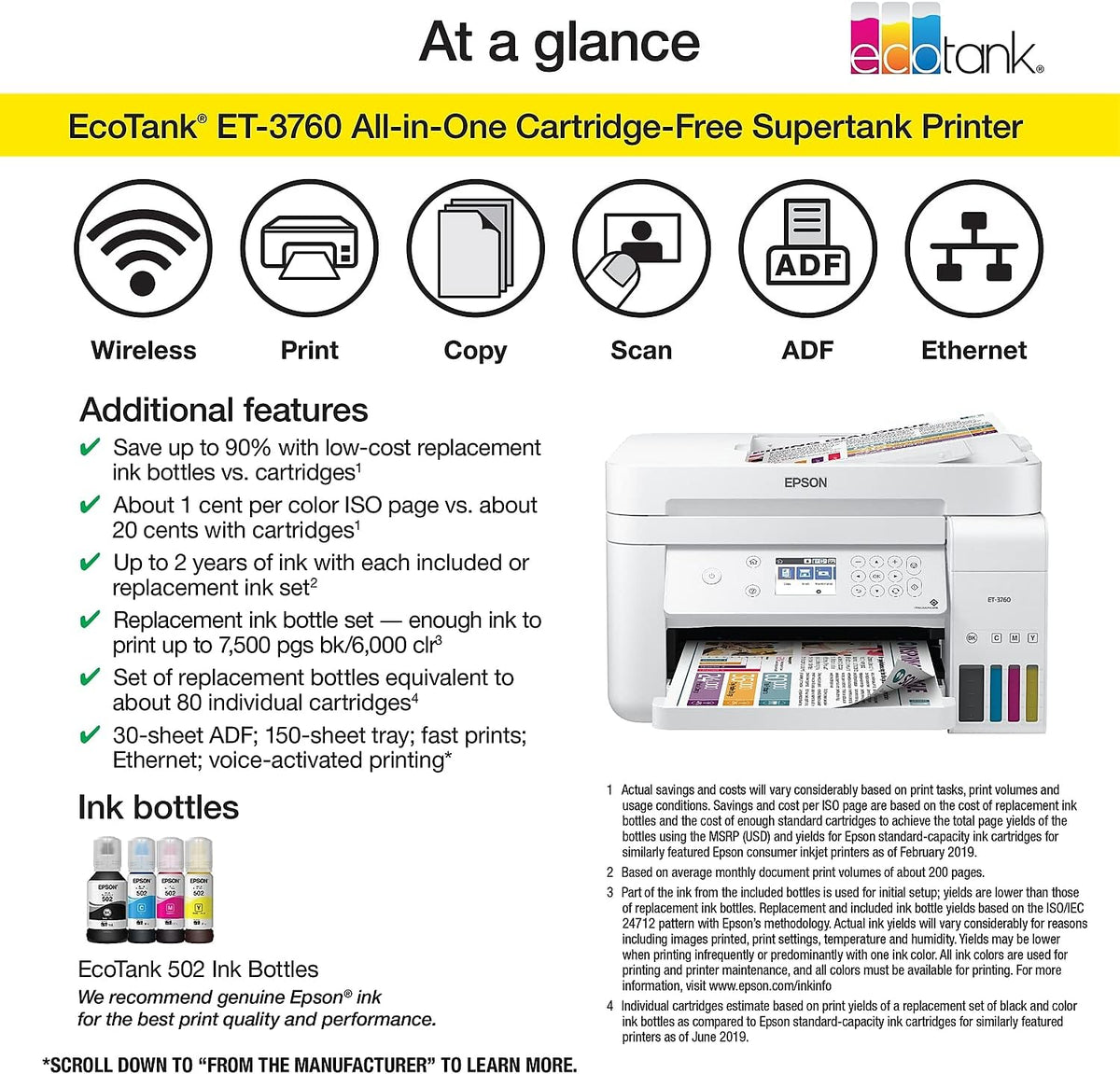 Epson EcoTank ET-3760 Wireless Color All-in-One Cartridge-Free Supertank Printer with Scanner, Copier and Ethernet, Regular