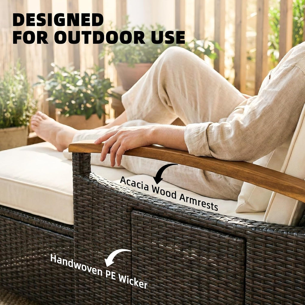Outsunny Rattan Outdoor Daybed, PE Wicker Patio Loveseat with Storage Ottoman, 4-Level Adjustable Back, Folding Side Trays, Acacia Wood Armrest, Double Sun Lounger with Cushions, Pillows, Beige