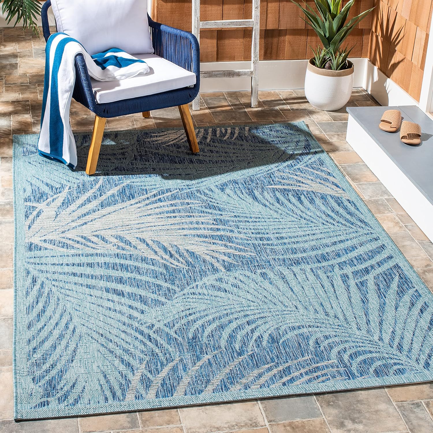 SAFAVIEH Washable Rug Outdoor Courtyard Collection - 9' x 12', Aqua Blue & Navy, Non-Shedding & Easy Cleaning, Ideal for Patio, Backyard, Mudroom (CY7557-39421)