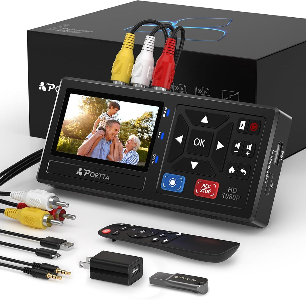 Portta VHS to Digital Converter with 128GB USB3.0 Flash Drive, Video to Digital Recorder, Compatible with VHS, VCR, DVR, DVD, Hi8, Mini DV, Gaming Consoles (VCR, VHS/DVD Player, Camcorder Required)