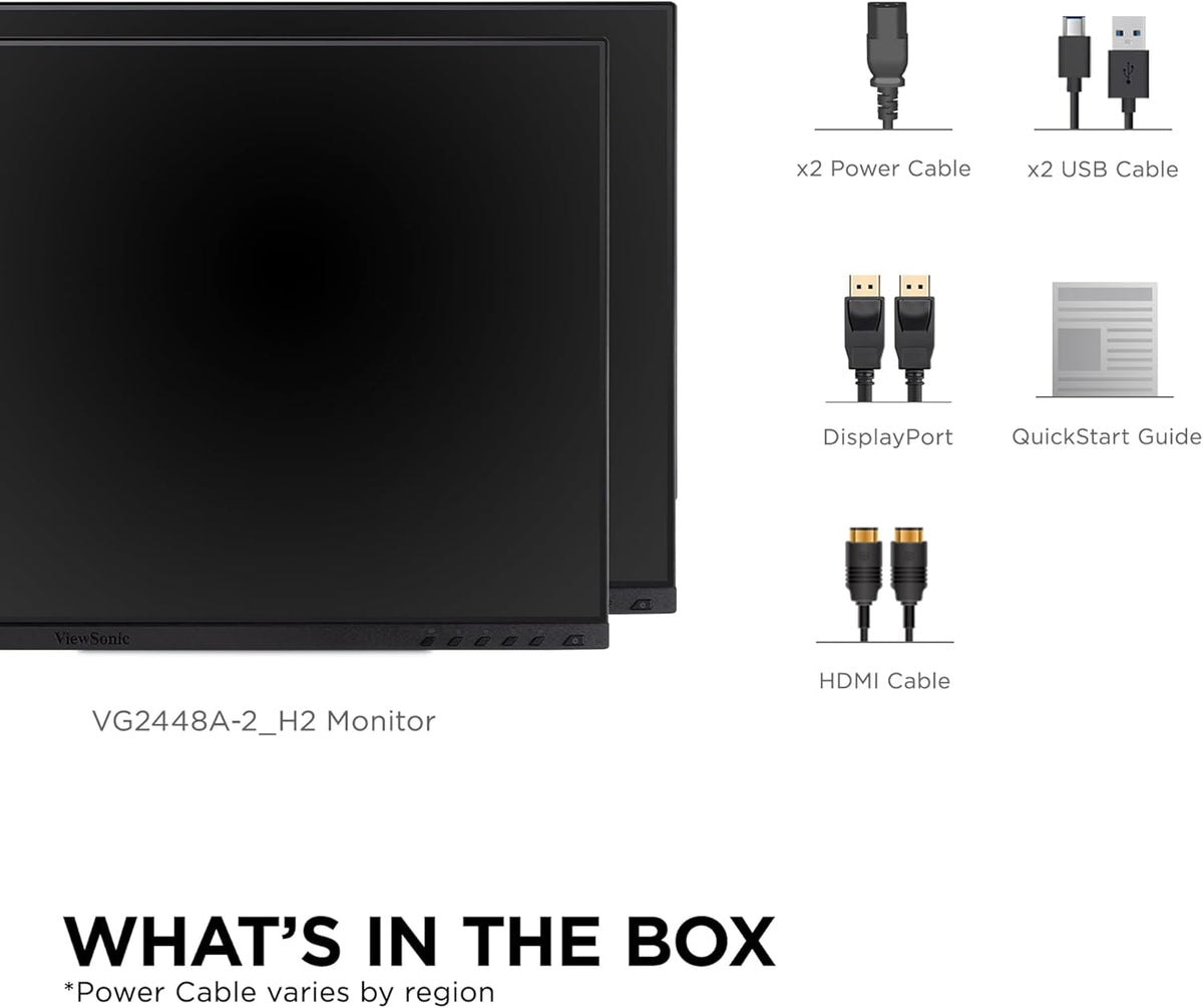 ViewSonic VG2448A-2_H2 24 Inch 1080p Dual Pack Head-Only Monitors, IPS Display for Smooth Home and Office Productivity and Dual-Screen Setups, HDMI, DisplayPort, USB, and VGA Inputs