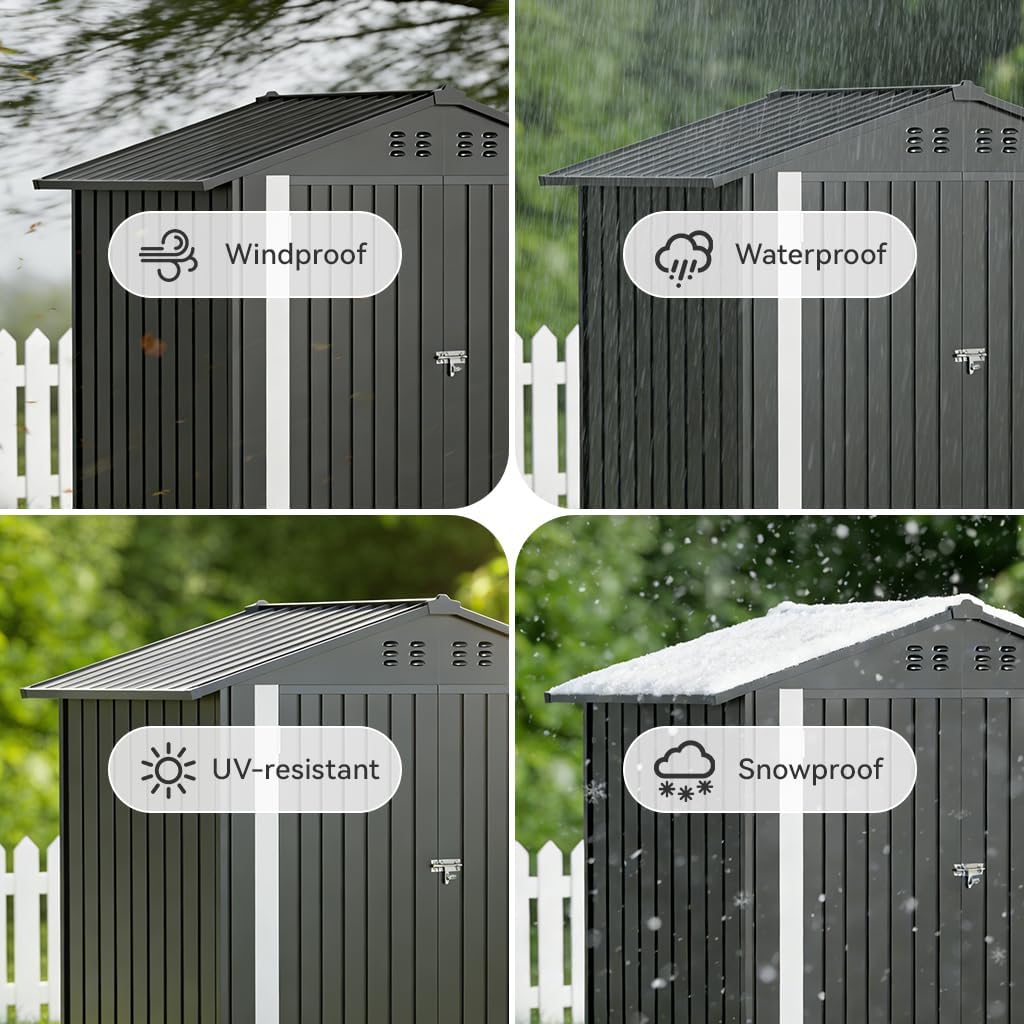 COMHOMA 6'x4' Shed Outdoor Storage Metal, Weatherproof Garden Utility Tool House with Lockable Doors & Adjustable Shelving, Ventilated Backyard Workshop,Grey