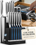 German Stainless Steel Kitchen Knife Block Set with Built-in Sharpener - 2-in-one Space Saving Magnetic Countertop and Knife Drawer Organizer with Stainless Steel Knives, Ideal Gift