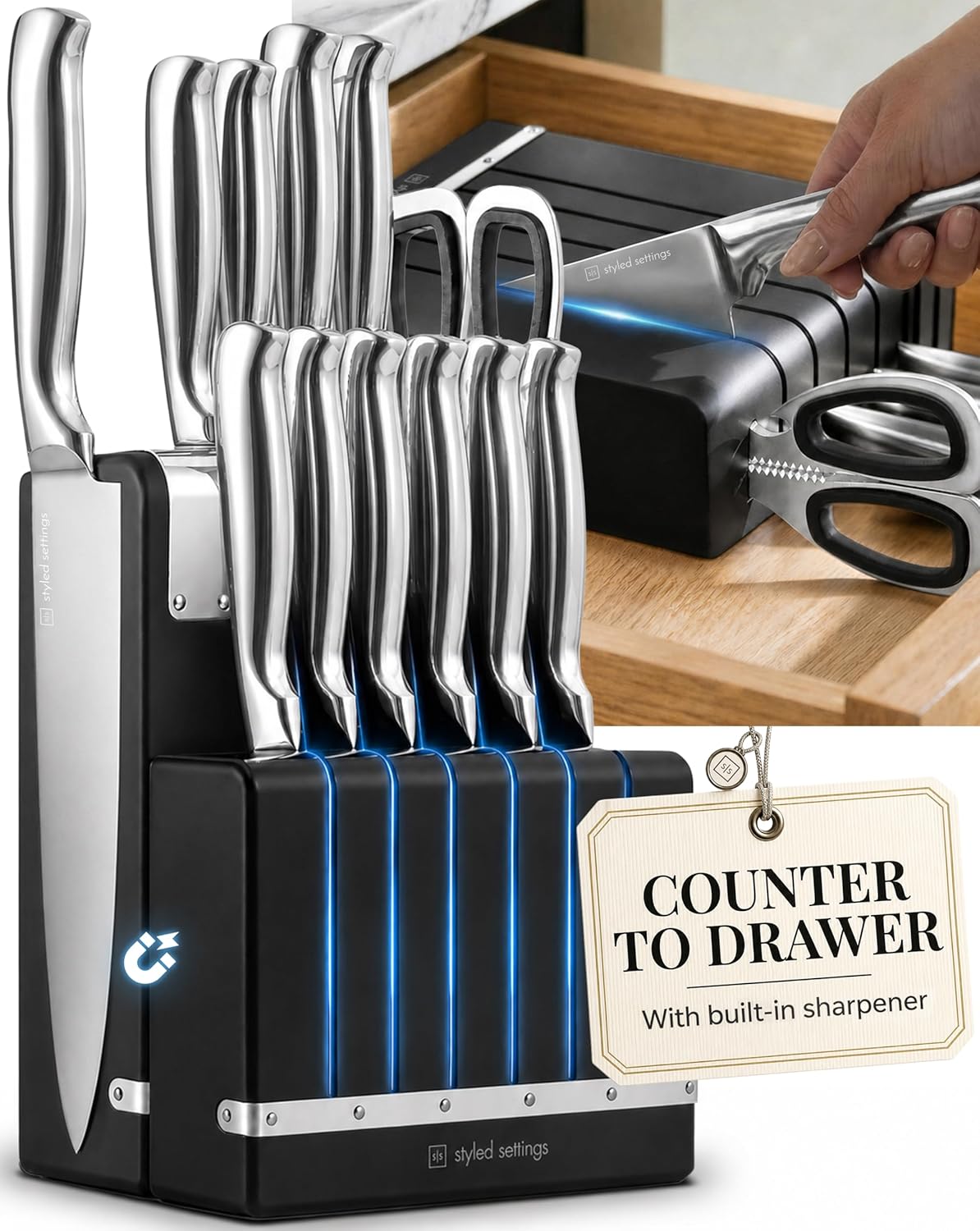 German Stainless Steel Kitchen Knife Block Set with Built-in Sharpener - 2-in-one Space Saving Magnetic Countertop and Knife Drawer Organizer with Stainless Steel Knives, Ideal Gift