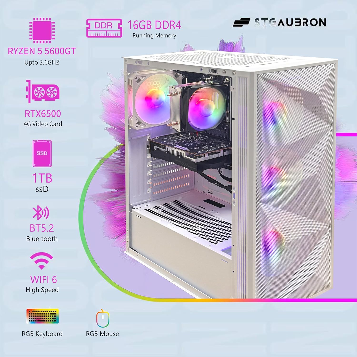 STGAubron Gaming PC Desktop Computer, AMD Ryzen 5 5600GT up to 4.6G, Radeon RX 6500 4G, 16G DDR4, 1T SSD, WiFi 6 & BT 5.2, RGB Fan x4, Windows 11 Home,White
