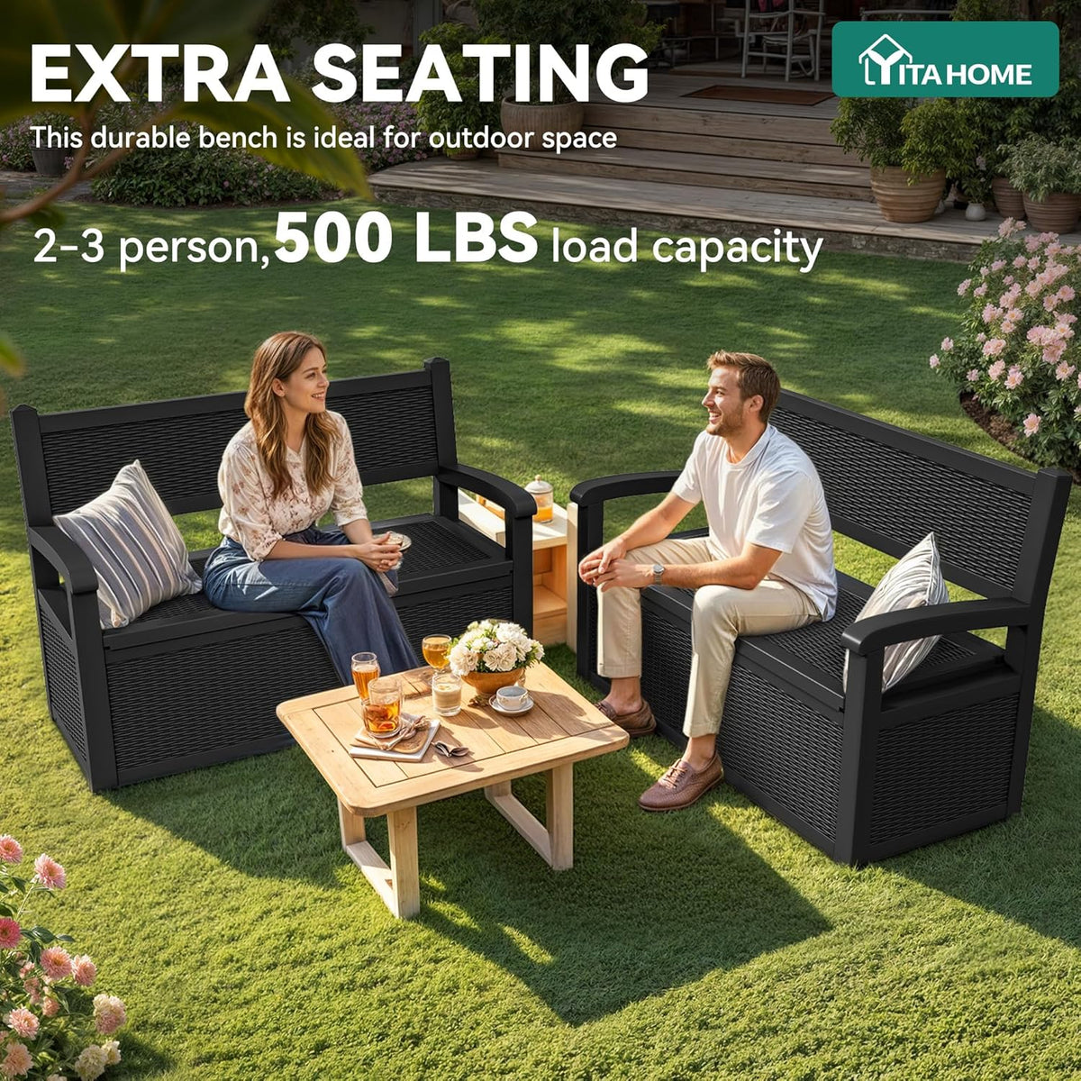 YITAHOME 70 Gallon Deck Bench with Storage, Outdoor Storage Box Bench with Armrests for Patio Garden Pool Porch, Waterproof&Lockable, Black