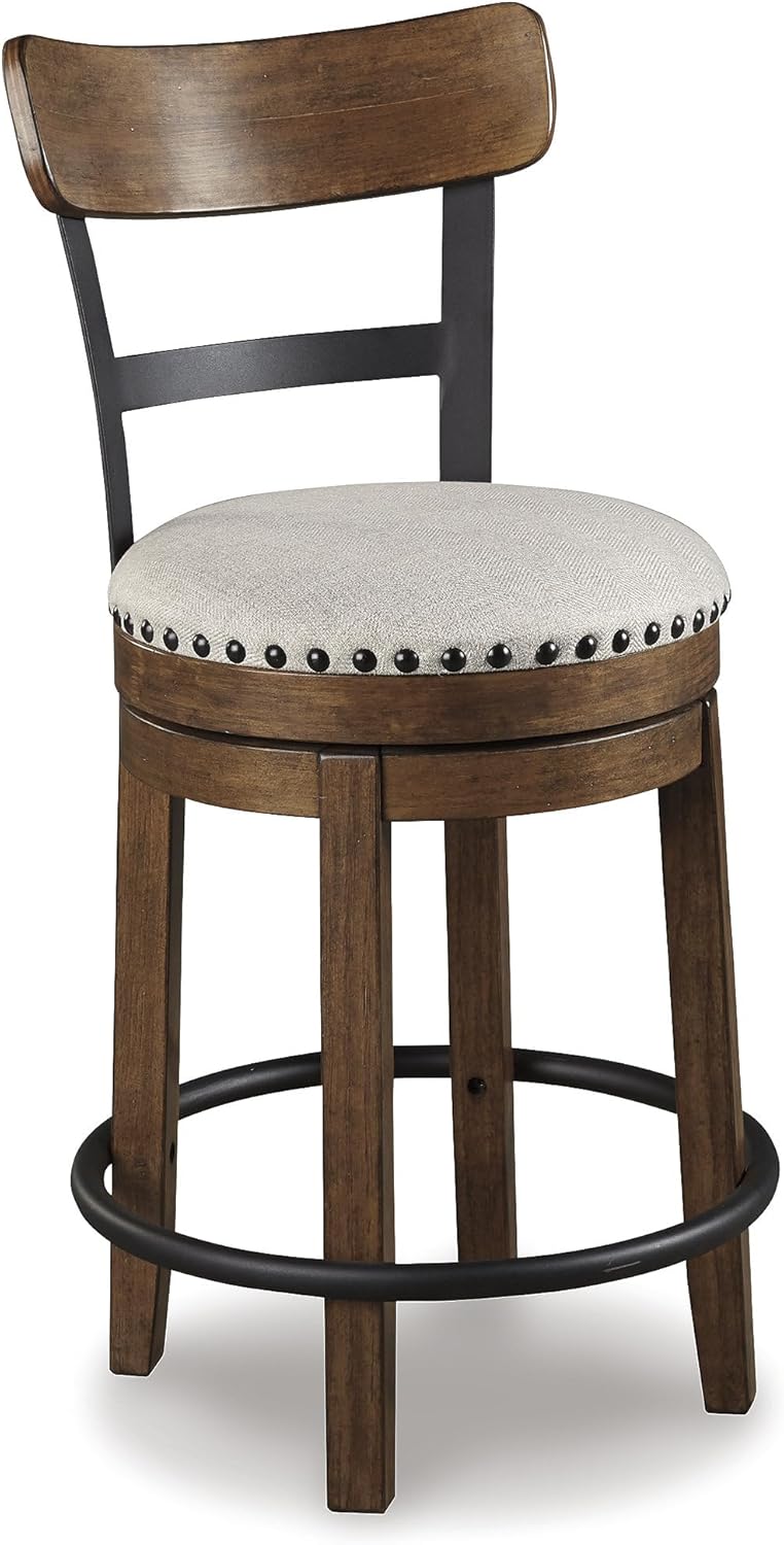 Signature Design by Ashley Valebeck Swivel Barstool With Back, Rustic-Industrial Wood and Metal, 360-Degree Swivel Counter Height Stool for Kitchen Island Seating, Linen Color