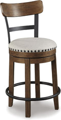 Signature Design by Ashley Valebeck Swivel Barstool With Back, Rustic-Industrial Wood and Metal, 360-Degree Swivel Counter Height Stool for Kitchen Island Seating, Linen Color