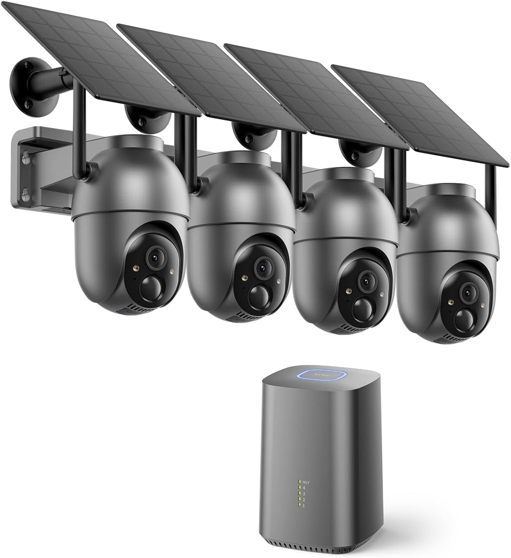 SEHMUA Security Cameras Wireless Outdoor (4-cam-kit), No Subscription Required, Color Night Vision, 360° PTZ, 4MP Live View, Instant Alerts, Solar Security Camera System Works 2.4G & 5G WiFi for House
