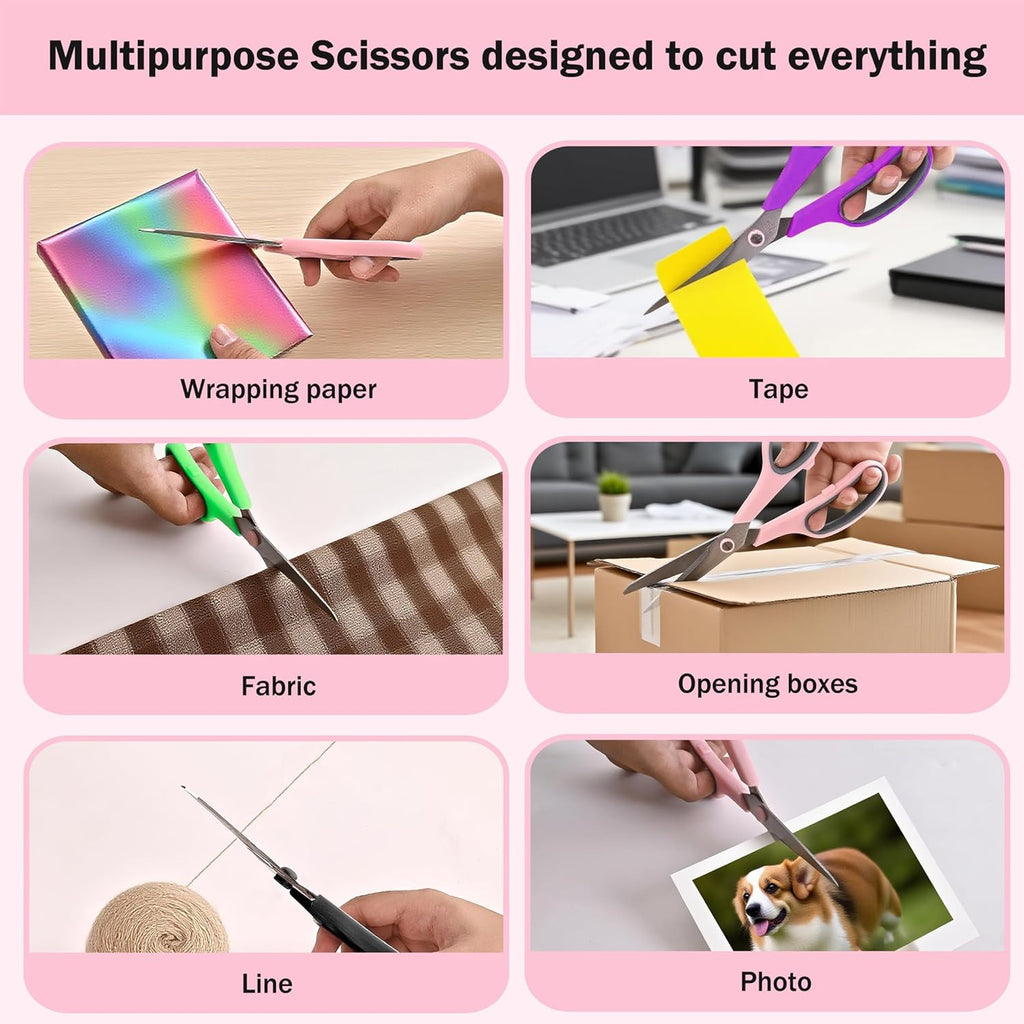 Scissors, Rkqoa 6 Pack 8" All Purpose Scissors for Everyday use, Stainless Steel Scissor Set with Comfort-Grip Handles for Office Home School Sewing Fabric Craft Supplies, Right/Left Handed
