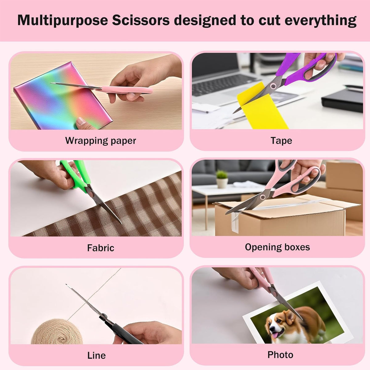 Scissors, Rkqoa 6 Pack 8" All Purpose Scissors for Everyday use, Stainless Steel Scissor Set with Comfort-Grip Handles for Office Home School Sewing Fabric Craft Supplies, Right/Left Handed