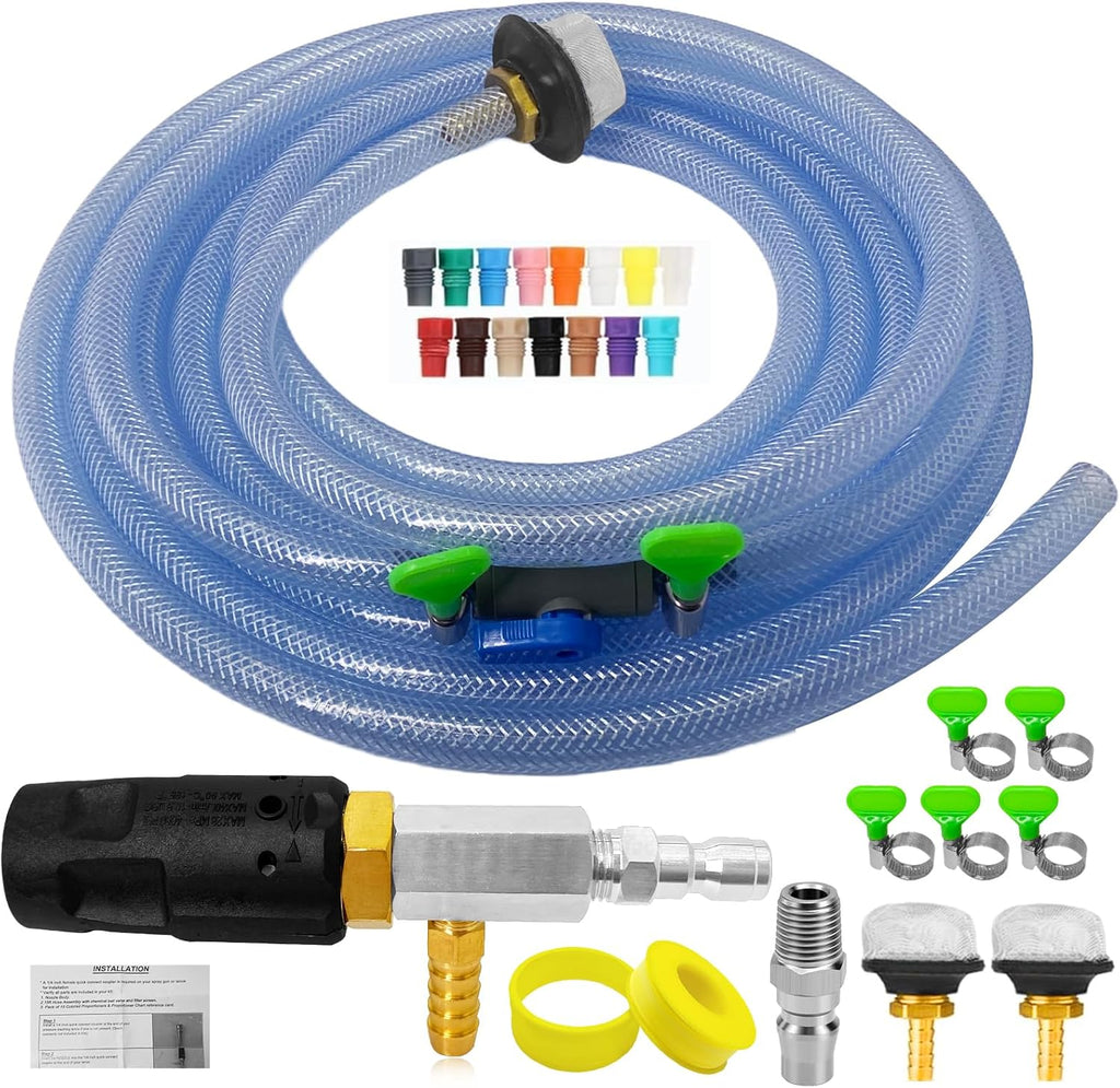 Adjustable Long Range Nozzle for Pressure Washer, Downstream Injection Spray Nozzle Kit 4–4.5 GPM, External Chemical Injector w/1/4" Quick Connect,15FT Hose,Shut-Off Valve & Filter,2500–4000 PSI.