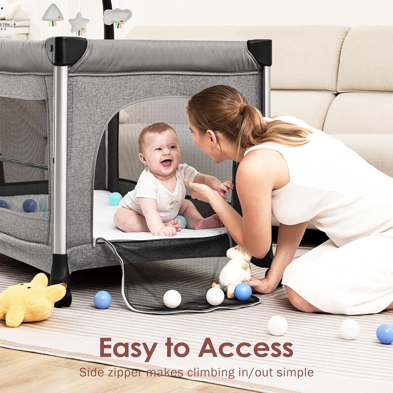 4-in-1 Baby Bassinet with Mattress - One-Push Setup Playard - Bedside Crib with Diaper Changer from Newborn to Toddler (Grey)