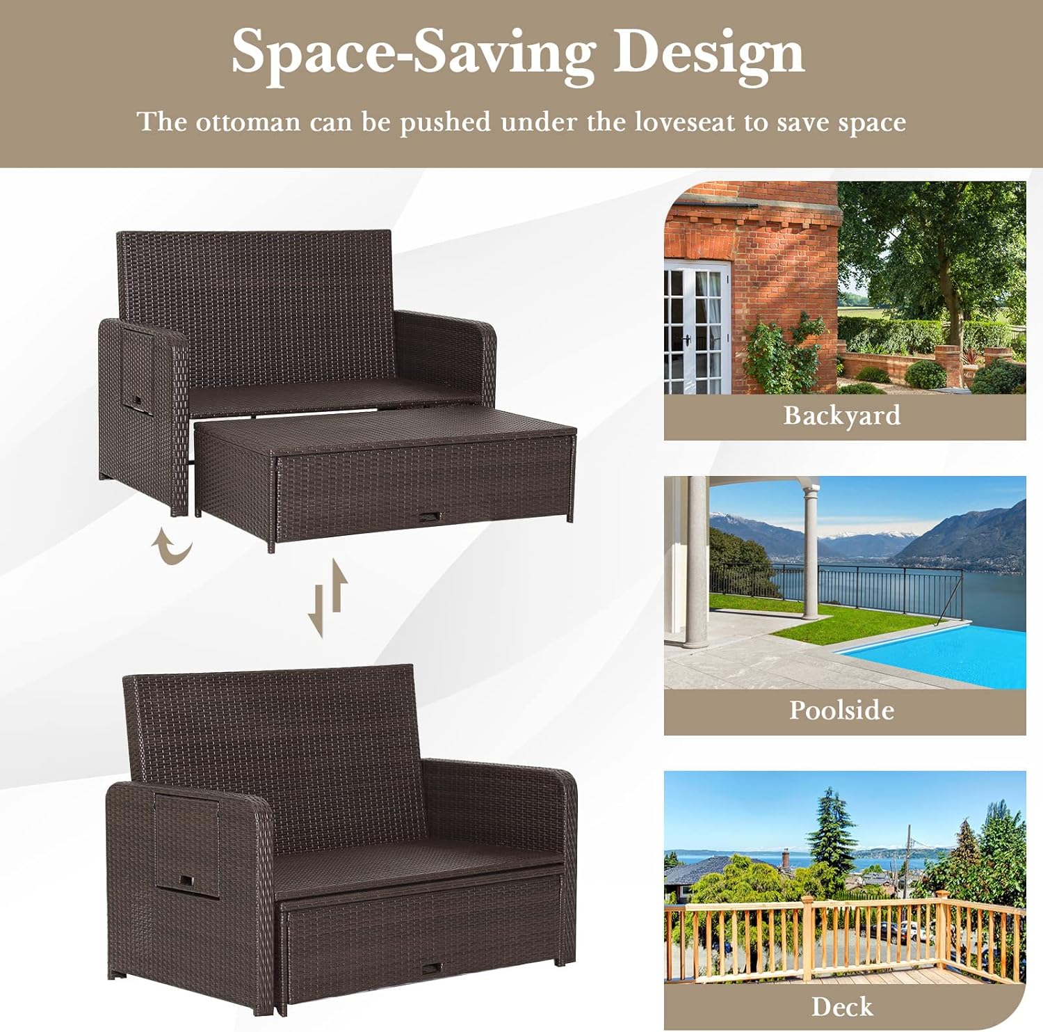 Tangkula Patio Rattan Daybed with 4-Level Adjustable Backrest, Outdoor PE Wicker Loveseat with Storage Ottoman & Folding Side Tray, Double Sunbed Lounger for Balcony, Backyard & Poolside, Navy & Brown
