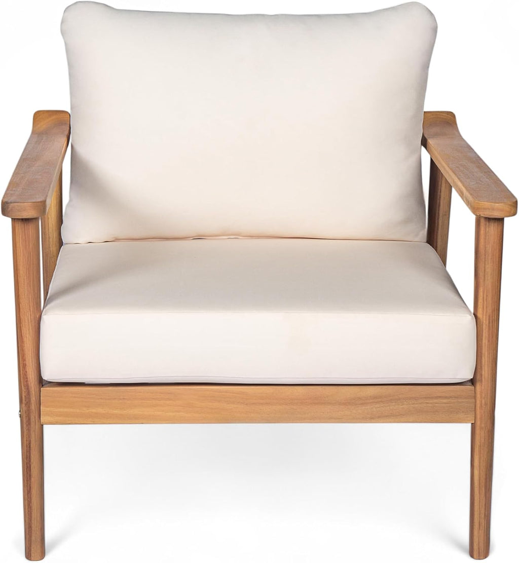 Christopher Knight Home Batis Acacia Wood Lounge Chair Outdoor Set of 2, Wooden Patio Accent Chair Set, Comfy Reading Seat with Removable Cushion, Patio Furniture Set, Teak+Beige