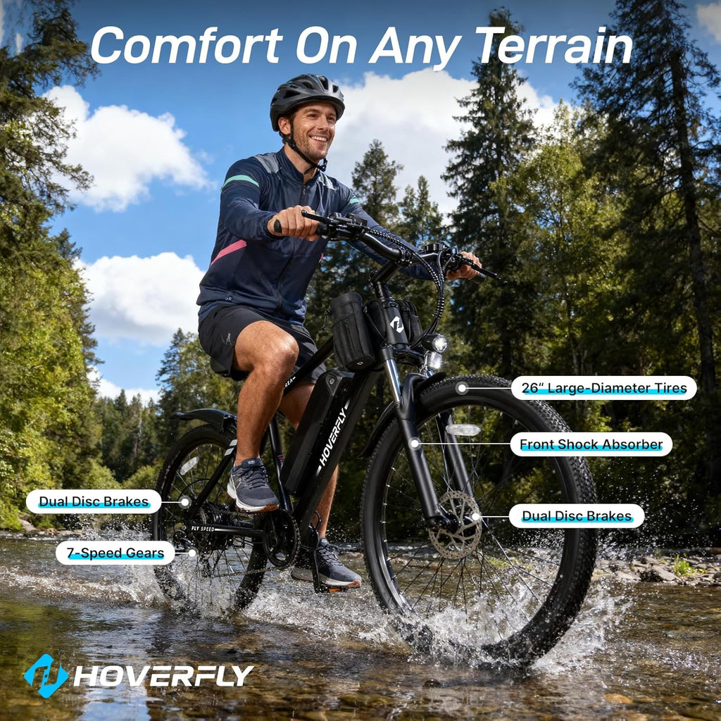 Hoverfly OUREA 26" Electric Bike for Adults, 750W Peak Motor Mountain Ebike, 20MPH Up to 40 Miles, UL2849 Certified, 7-Speed, Removable Battery, Shock Absorber, Fat Tire Commuter E-Bike