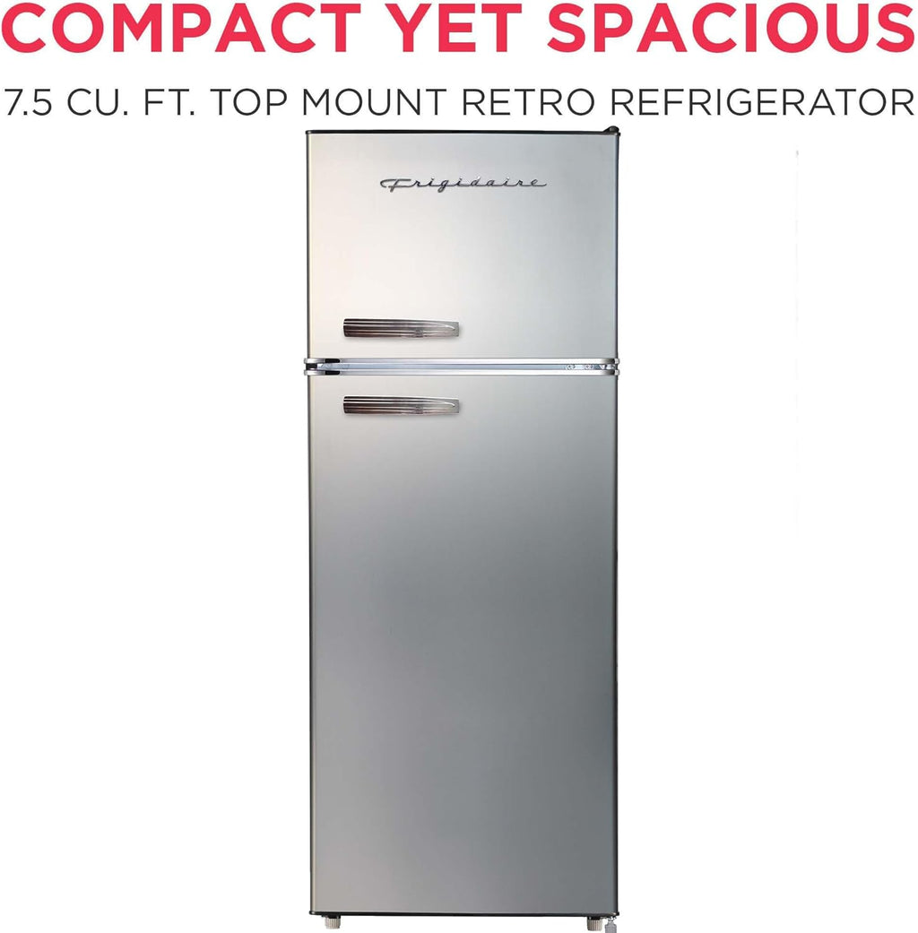 Frigidaire EFR753, 2 Door Apartment Size Refrigerator with Freezer, Retro Chrome Handle, 7.5 cu ft, Platinum Series, Stainless Steel, 7.5