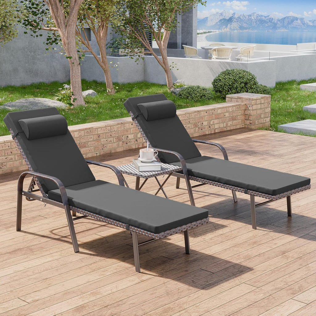 3 Pieces Patio Chaise Lounge Set Outdoor PE Rattan Armrest Lounge Chair Adjustable Backrest Reclining Chair with Folding Table and Cushion for Patio Poolside Backyard Porch Beach(Black)
