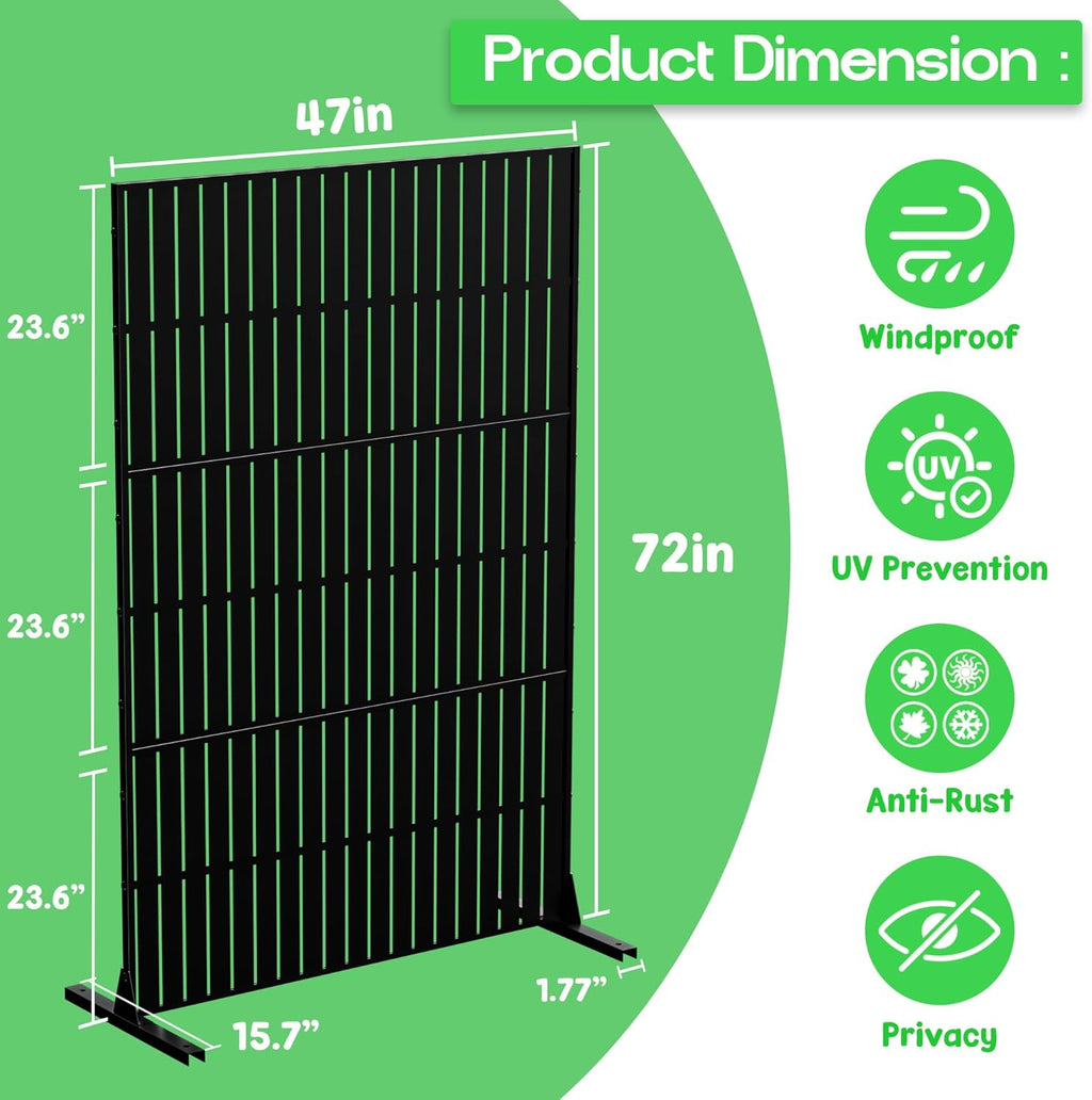 MTART Metal Privacy Screen 72" H x 47.2" Decorative Outdoor Privacy Screen Privacy Panel with Stand for Balcony Deck Patio Lawn Garden, Privacy Fence (Black-Vertical)