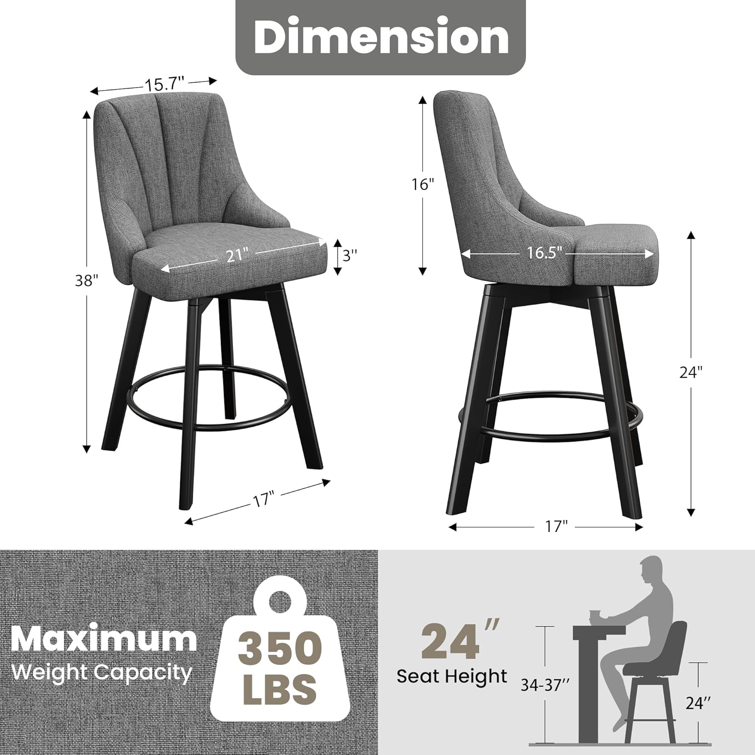 YaFiti Swivel Bar Stools with Backs, 24" Counter Height Bar Stools Set of 2, Fabric Upholstered Counter Barstools with Solid Wood Legs for Kitchen Island, Home Bar, Dark Gray
