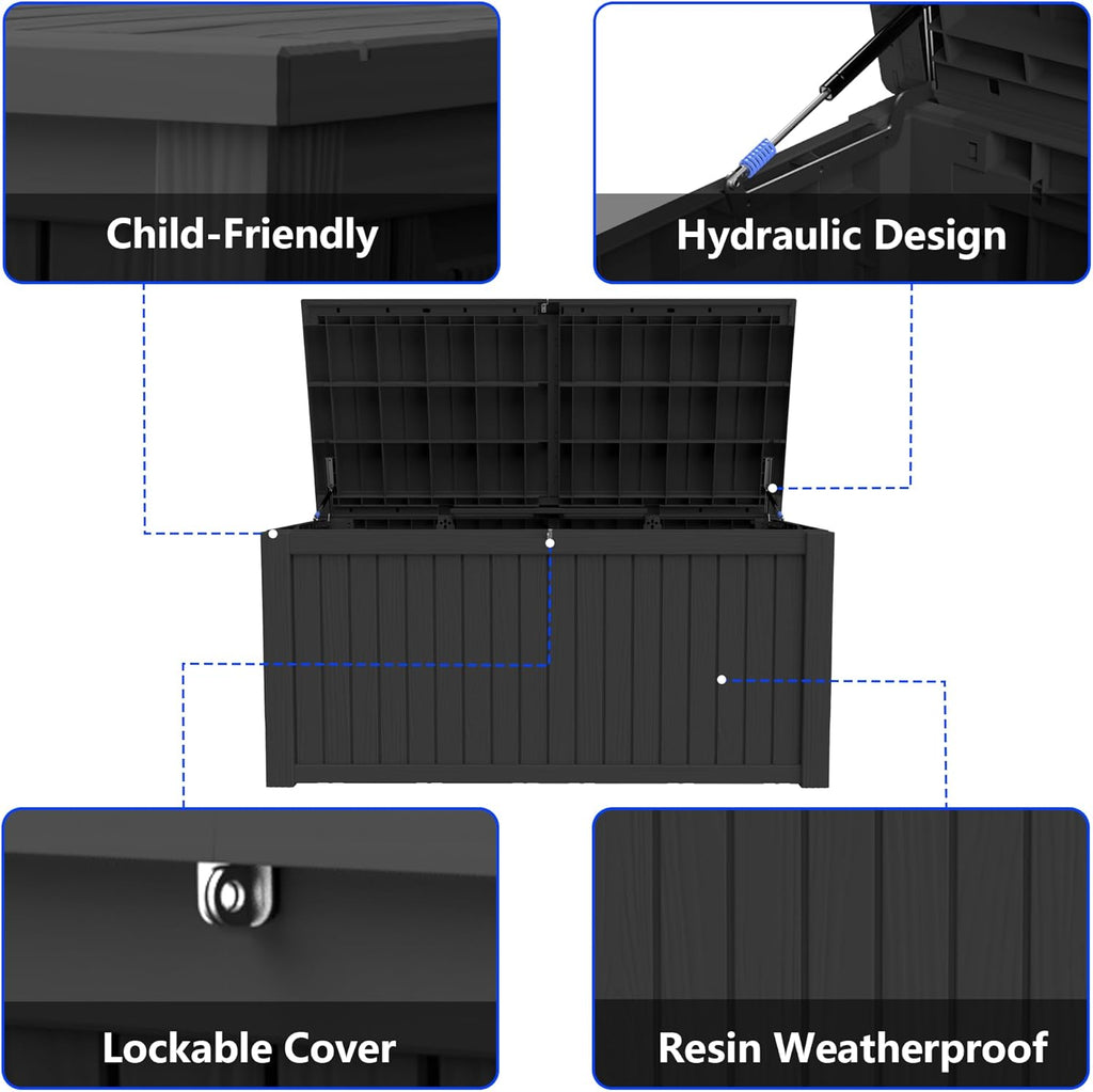 200 Gallon Outdoor Storage Box Resin Deck Box All Weather Waterproof Large Lockable Storage Container Deck Box for Patio Furniture, Garden Tools, Lockable, Black